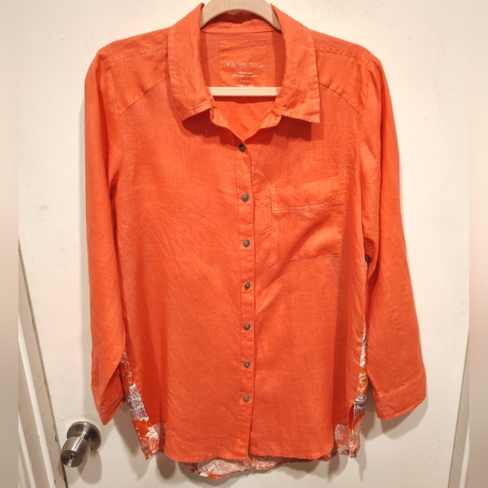 Karyn Seo Coral Linen & Floral Satin Long Sleeve Button Down Shirt Sz S Boho